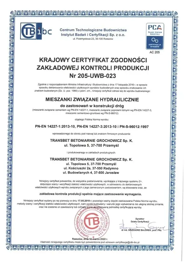 krajowy certyfikat zgodności zakładowej kontroli produkcji